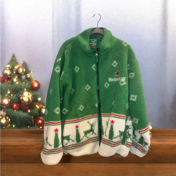RARE🎄HEINEKEN vintage Ugly Christmas Sherpa jacket men’s coat size XL - Picture 1 of 16